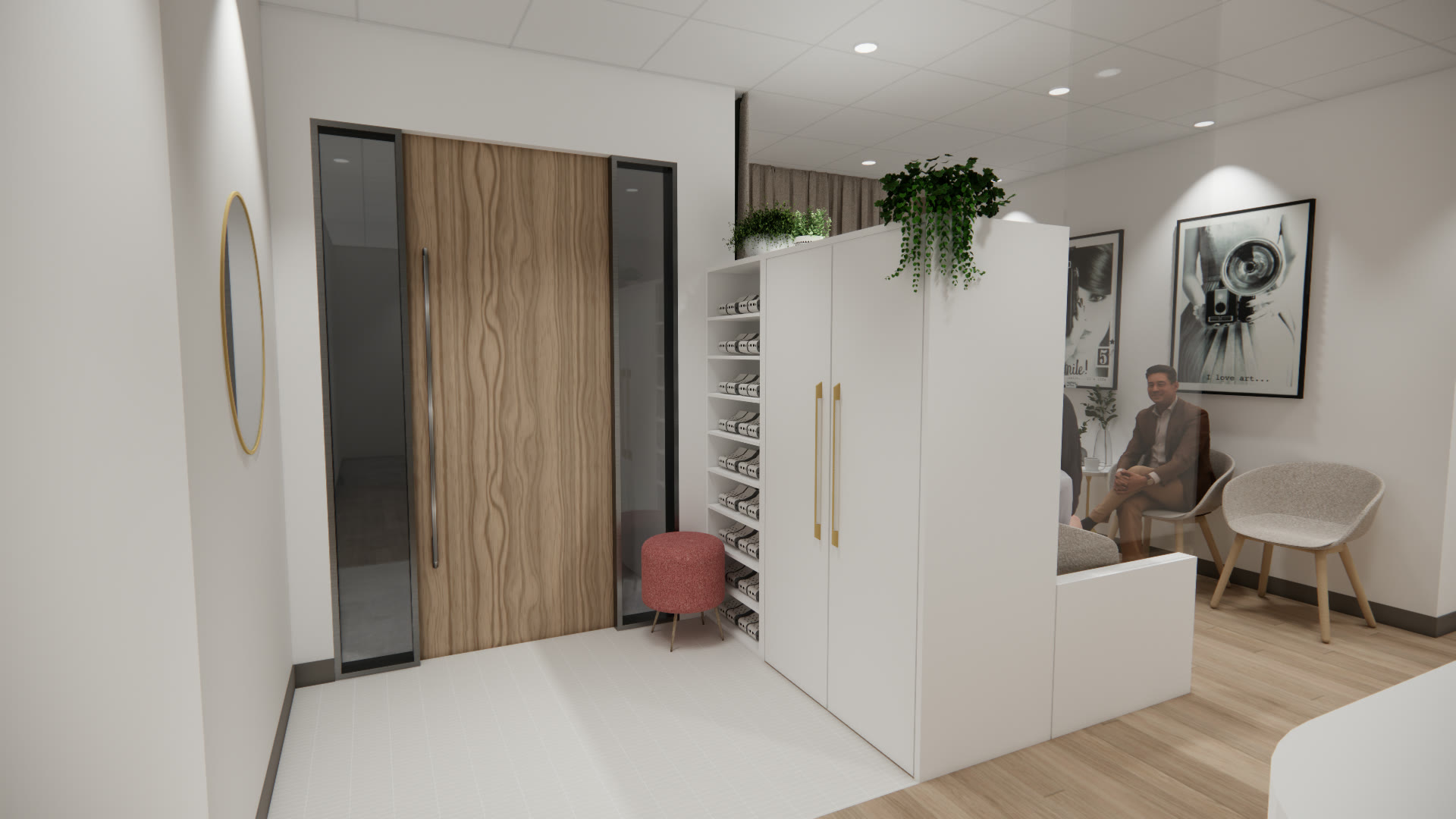 Rendu 3D de l'entrée et de l'enseigne du Cabinet Dento-Esthétique, Québec